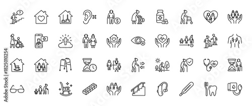 Gerontology and elderly care line icon set. Vector pictograms of aging, retirement, health, assistance, and homecare, thin linear illustration.