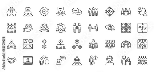 Business and team collaboration line icon set. vector pictograms of meeting, structure, discussion, and teamwork, thin linear illustration.