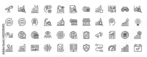 Business strategy and finance line icon set. Vector pictograms of charts, graphs, gears, and data analysis, thin linear illustration.