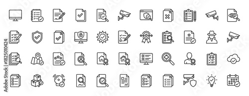 Security and surveillance line icon set. Vector pictograms of document analysis, CCTV cameras, shields, and checklist review, thin linear illustration.