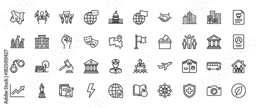 Government, politics, and law line icon set. Vector pictograms of handshake, capital, courthouse, voting, and police, thin linear illustration.