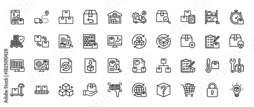 Logistics and shipping line icon set. Vector pictograms of warehouse, delivery truck, barcode, scale, and box, thin linear illustration.