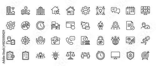 Business line icon set. vector pictograms of teamwork, management, strategy, finance, and career development, thin linear illustration.
