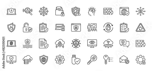 Cybersecurity line icon set. Vector pictograms of firewall, encryption, shield, cloud protection, password, biometrics, phishing and network security. Thin linear illustration.