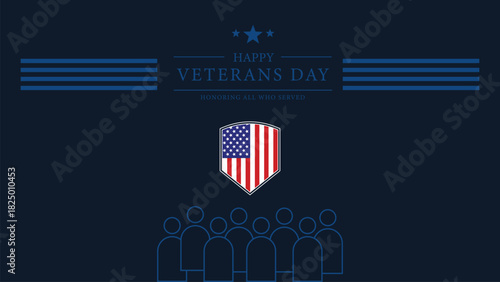 Flat Design Veterans Day Tribute Banner with Dark Blue Background USA Shield Emblem and Minimal Silhouette Crowd for Thank You Veterans Greeting