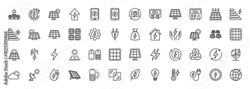 Renewable energy line icon set. vector pictograms of solar panels, batteries, wind turbine, and electricity, thin linear illustration.
