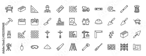 Construction and masonry line icon set. Vector pictograms of tools, materials, and workers, thin linear illustration.