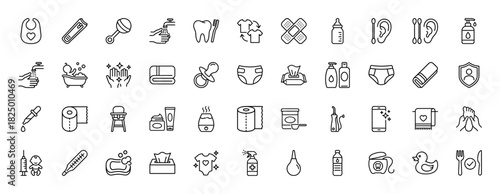 Baby and hygiene care line icon set. Vector pictograms of thermometer, bathtub, pacifier, diaper, toothbrush, and bib, thin linear illustration.