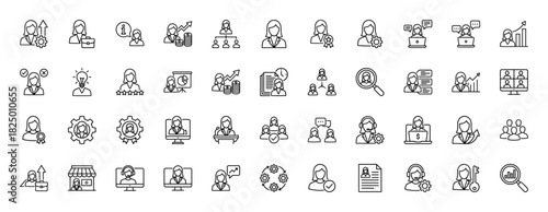 Business and career line icon set. Vector pictograms of teamwork, management, presentation, and success, thin linear illustration.
