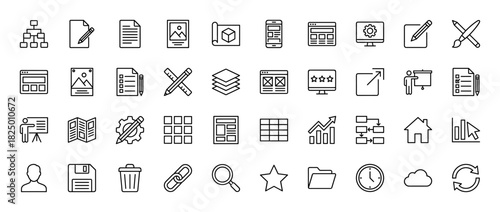 Design and development line icon set. Vector pictograms of web layouts, coding, drawing tools, and data charts, thin linear illustration.
