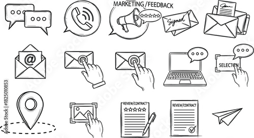 Diverse Business Communication Icons Messages, Feedback, and Contracts