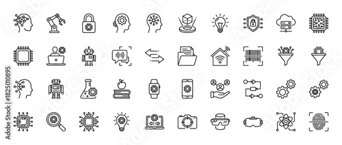 Artificial intelligence and technology line icon set. Vector pictograms of robotics, machine learning, and smart devices, thin linear illustration.