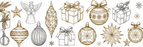 Elegant collection of hand-drawn vintage Christmas decorations, featuring golden gift boxes, intricate baubles, and festive holiday symbols