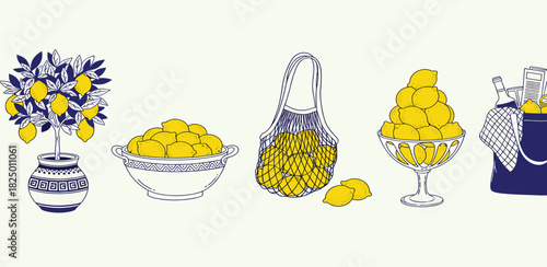 Hand-drawn illustrations of fresh yellow lemons, showcasing a potted tree, abundant bowls, a mesh bag, and a refreshing cooler