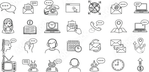 A comprehensive collection of hand-drawn doodle icons representing concepts of communication, customer support, and technology