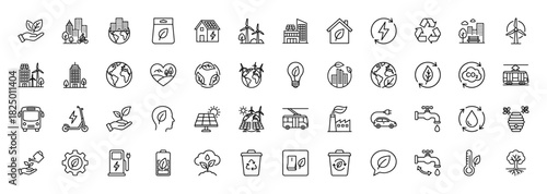 Ecology and environment line icon set. Vector pictograms of wind turbines, recycling, electric cars, and sustainable energy, thin linear illustration.