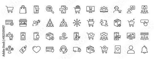 E-commerce and shopping line icon set. Vector pictograms of shopping carts, delivery truck, mobile payment, and customer service, thin linear illustration.