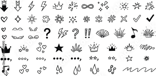 Hand-drawn Black and White Doodle Icons Set - Symbol Elements for Design and Decoration
