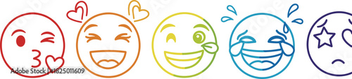 Vibrant collection of rainbow emoji faces depicting a diverse spectrum of human emotions, from affectionate joy to thoughtful sadness, for expressive communication