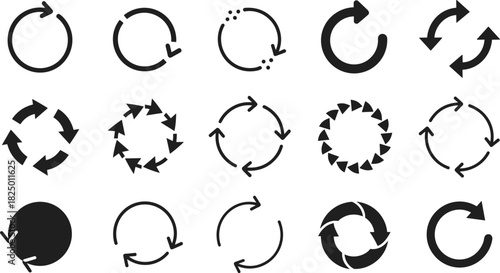 Set of black circular arrow icons for refresh, reload, and recycle symbols. Vector collection of rotation and loop signs for web and user interface design