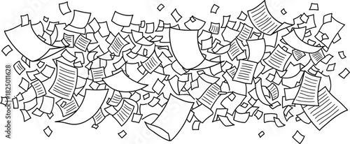 A dynamic cascade of scattered paper documents and flying pages, illustrating a concept of overwhelming information, data management, or the busy flow of office work