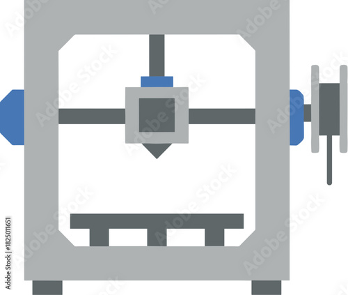 A modern 3D printer machine shown in a simple flat vector illustration.