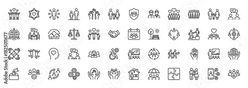 Social services and community care line icon set. vector pictograms of family, teamwork, global network, and assistance, thin linear illustration.
