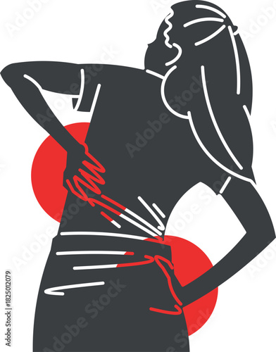 Woman with discomfort and pain in the dorsal and lumbar region