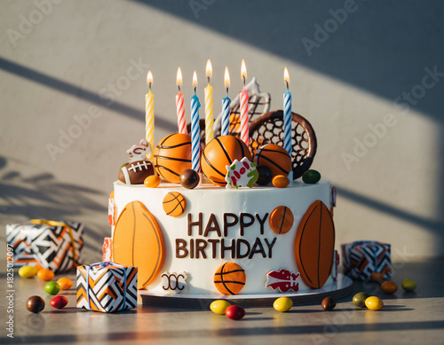 Sports Themed Birthday Cake with Balls and Multi-Sport Decorations