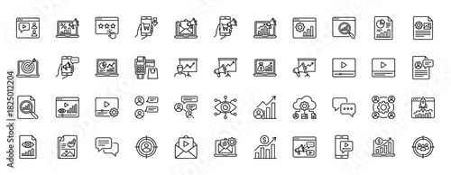 Digital marketing and business line icon set. Vector pictograms of megaphone, chart, target, presentation, and video player, thin linear illustration.