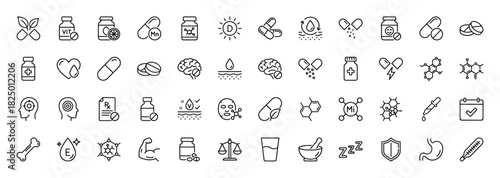 Medical supplement line icon set. Vector pictograms of brain, pills, vitamins, bones, and sleep, thin linear illustration.