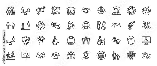 Diversity and equality line icon set. Vector pictograms of teamwork, disability, gender balance, human rights, and inclusion, thin linear illustration.