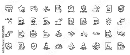 Customer feedback and quality review line icon set. Vector pictograms of handshake, clipboard, star rating, and shield, thin linear illustration.