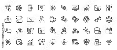 Technology and settings line icon set. Vector pictograms of gear, phone, computer, folder, and brain, thin linear illustration.