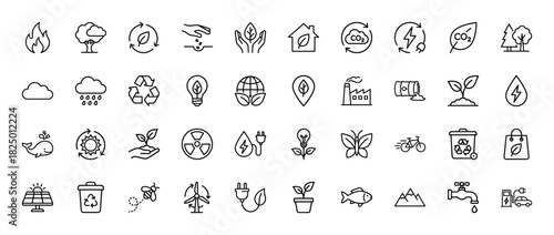 Ecology and sustainability line icon set. Vector pictograms of recycling, solar panel, wind turbine, tree, electric car, water and pollution, thin linear illustration.