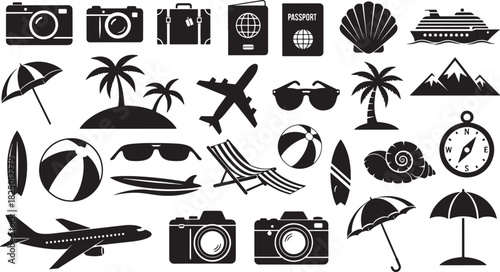 Travel vacation icons featuring camera suitcase passport airplane palm beach umbrella cruise mountain compass shell summer leisure 