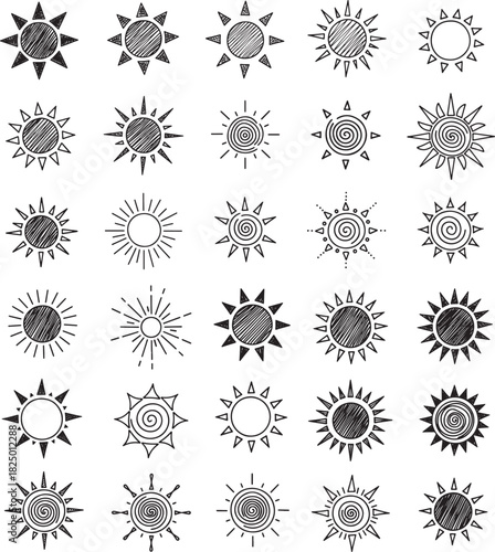 Sun doodle icons featuring hand drawn rays spiral shapes sketch style symbol of warmth light summer energy concept of nature brightness creativity