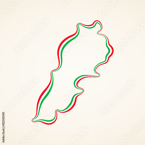 Outline map of Lebanon marked with ribbon in colors from the flag.