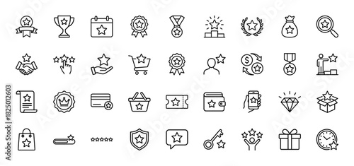 Customer loyalty program and reward line icon set. Vector pictograms of medal, trophy, coupon, gift, shopping, and rating, thin linear illustration.