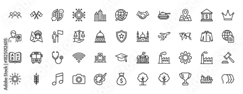 Global business, education, and political line icon set. Vector pictograms of handshake, factory, camera, and globe, thin linear illustration.