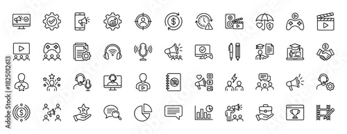 Marketing and media outline icon set. Vector pictograms of megaphone, camera, headset, advertising, and communication, thin linear illustration.