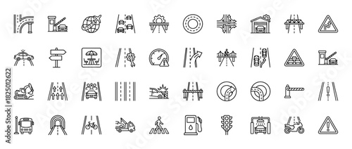 Road traffic line icon set. Vector pictograms of highway, bridge, road sign, car crash, and traffic light, thin linear illustration.