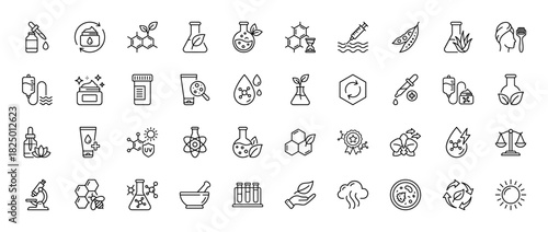 Beauty and cosmetic chemistry line icon set. Vector pictograms of laboratory glassware, molecular structure, plant extract, and skincare products, thin linear illustration.