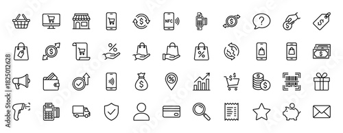 E-commerce and shopping line icon set. Vector pictograms of shopping carts, payment methods, delivery, and sales, thin linear illustration.