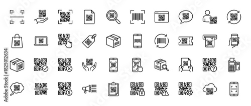Quick response code line icon set. Vector pictograms of scanning, verification, payment, and delivery, thin linear illustration.