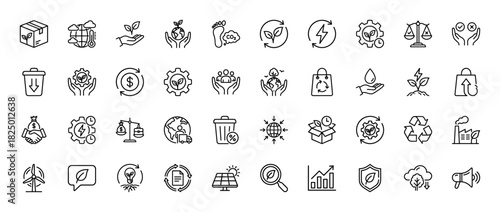 Ecology and sustainability line icon set. Vector pictograms of recycling, renewable energy, and environmental protection concepts, thin linear illustration.