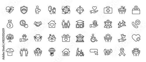 Charity and donation line icon set. Vector pictograms of heart, money, medical box, and community support, thin linear illustration.