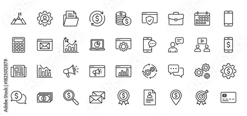 Business and finance line icon set. Vector pictograms of dollar signs, gear settings, calendar, and analytics charts, thin linear illustration.