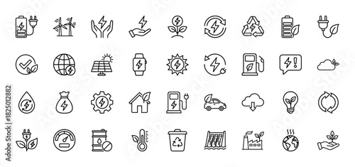 Sustainable energy line icon set. Vector pictograms of wind turbines, solar panels, recycling, and electric vehicles, thin linear illustration.