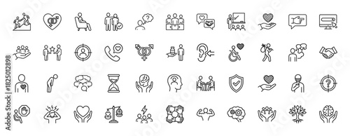 Social issues and psychology line icon set. Vector pictograms of teamwork, relationships, human rights, and well-being, thin linear illustration.